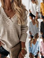 Fashionable casual women's autumn and winter new solid color sweater women's foreign trade V-neck long sleeve pullover knit top