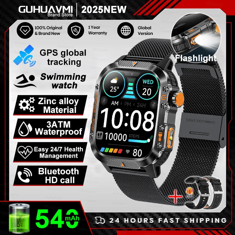 2025New GPS Smart Watch For Xiaomi IOS Military Compass Flashlight Smartwatch Men 10ATM Waterproof 100+Sport Modes BT Call Watch