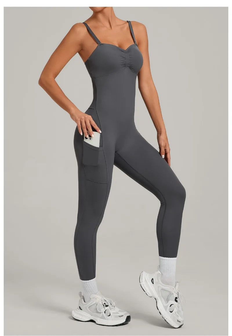 Women's Yoga Jumpsuits Sports Fitness One-piece Beauty Back Strap Pocket Hip-lifting Slim Fit Running Workout Training Bodysuits