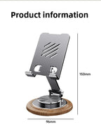 Black Walnut Wood Base Phone Holder Metal Stand 720° Rotating Foldable Desktop Stand Easy Storage for Mobile Phone Tablet Holder
