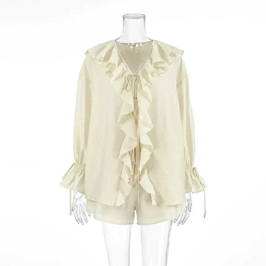 Casual Shorts Two-piece Set For Women Ruffled Loose Tie Top Simple Shorts Set OL Office Lady Summer Female Shorts Suit