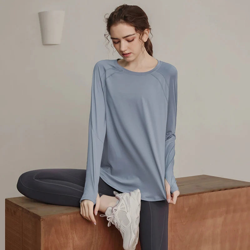 Loose, quick-drying sport tops, women's long-sleeved T-shirts, yoga wear, breathable running and fitness wear, slimming