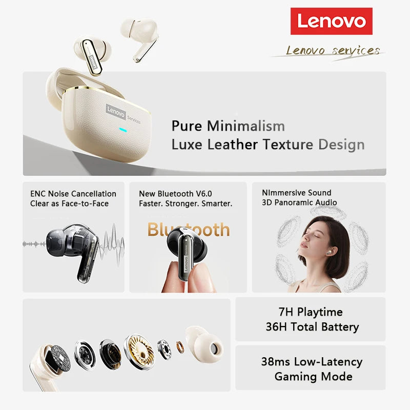 Choice Lenovo LE208 Wireless Leather Earphones Bluetooth 6.0 ENC Earphones Noise Reduction Headphone Low Latency Gaming Headset