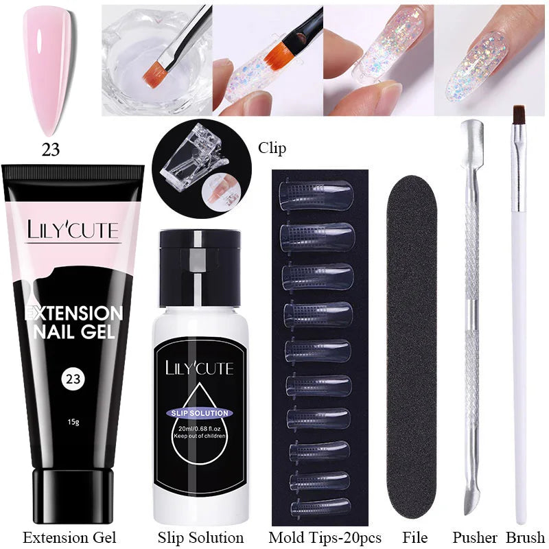 LILYCUTE 15ml Extension Gel Nail Polish Set Quick Nail Prolong With Extend Mold Nail Tips Acrylic Solution Manicure Tools Kit
