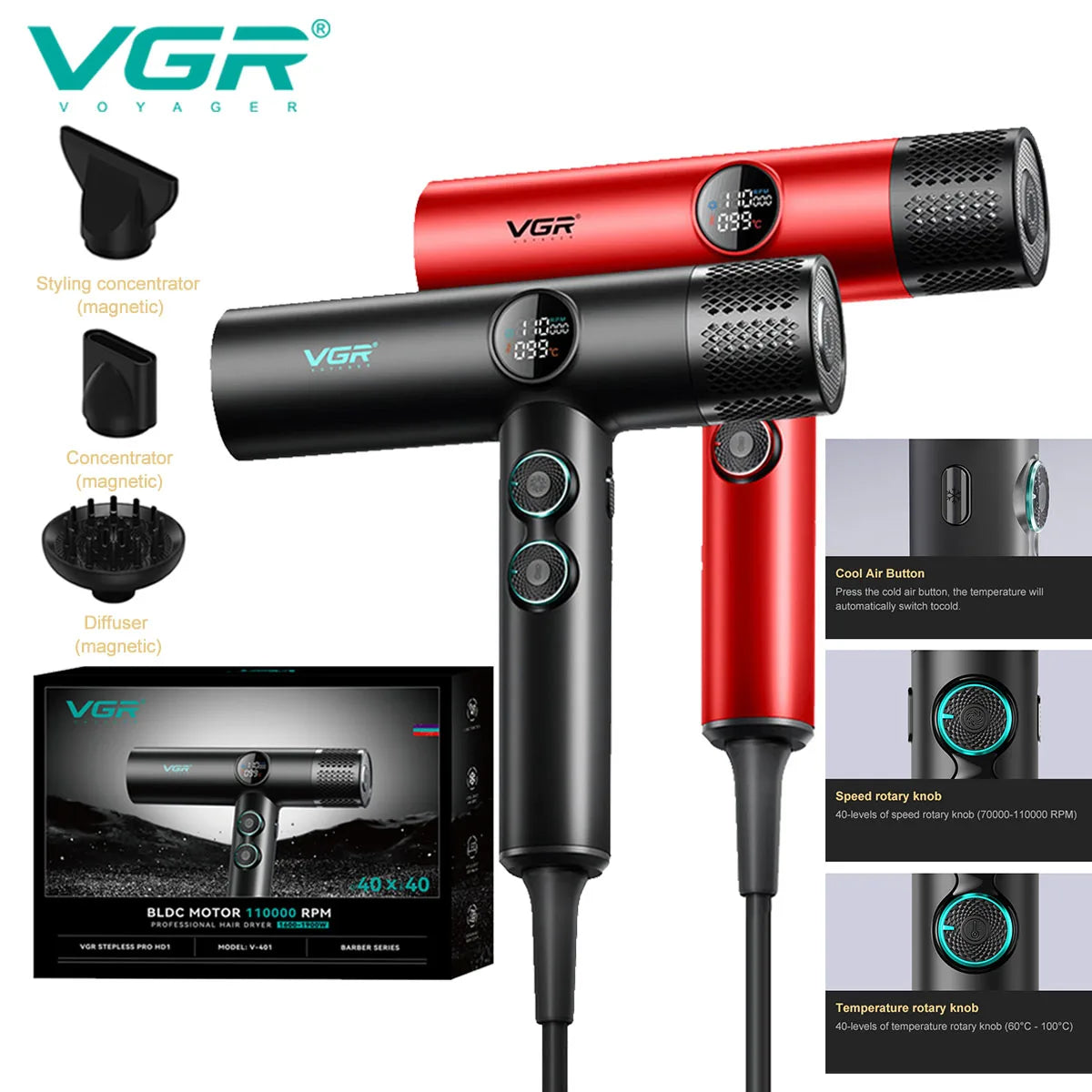 VGR Hair Dryer Professional Hair Dryer BLDC Motor Hair Styling Blow Dryer Machine 110000 RPM Negative Ion Salon Air Blower V-401