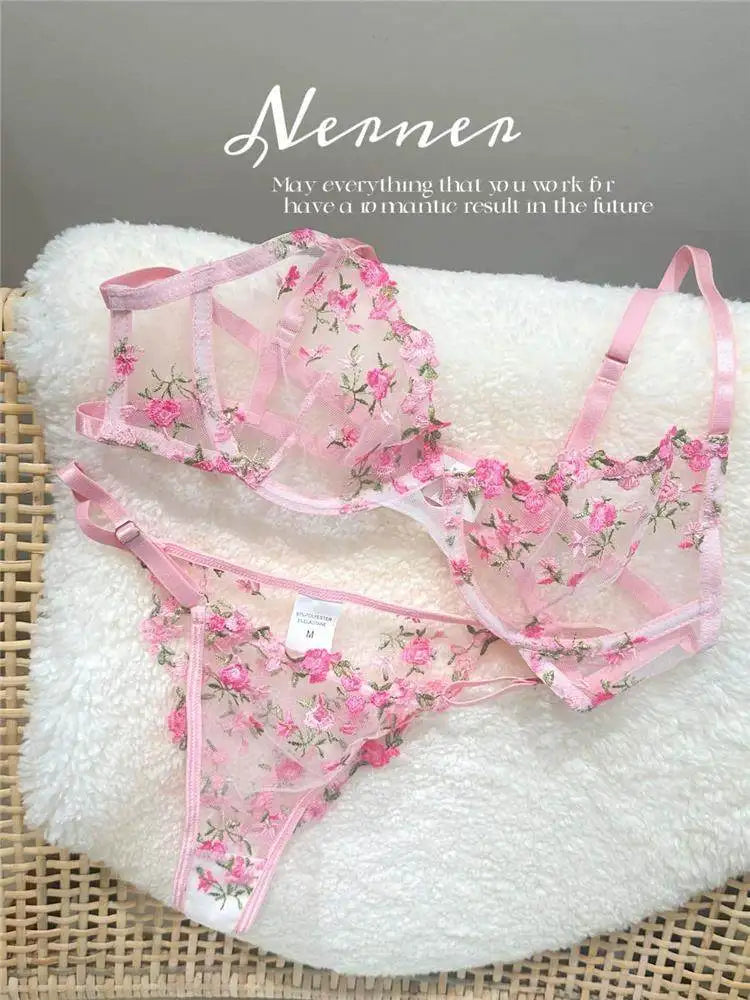 YUQI French Luxury Lingerie Set - Sexy Floral Embroidery Black Bra & Panty Set, Sheer Transparent Seductive Women's Intimates