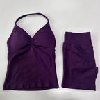 No Logo 2 Pieces Sports Set Women Backless Tank Tops High Waist Scrunch Seamless Shorts Gym Set Sportswear Workout Set Yoga