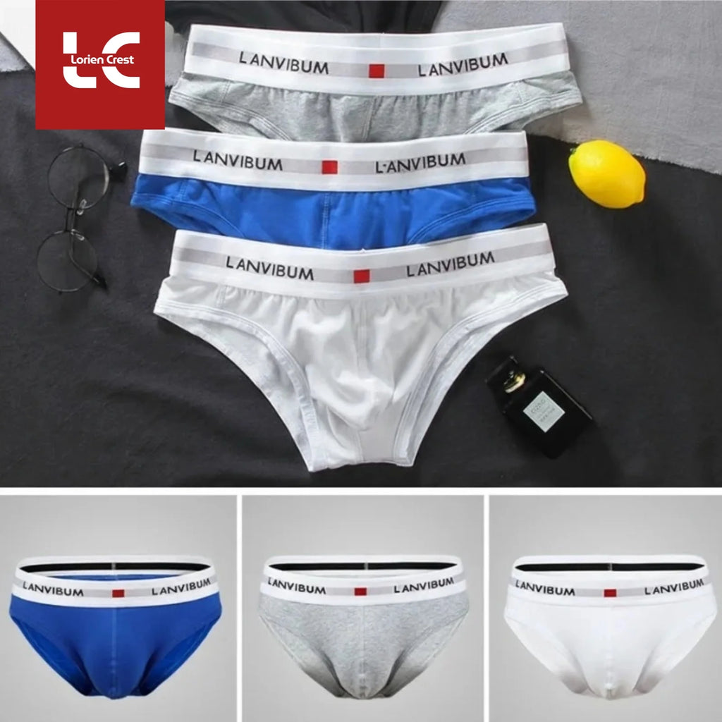 3pcs【LORIEN CREST】Men's Pure Cotton Low Waist Elastic Sexy Loose Breathable Youth Pant Headband Underwear Summer Cotton Briefs