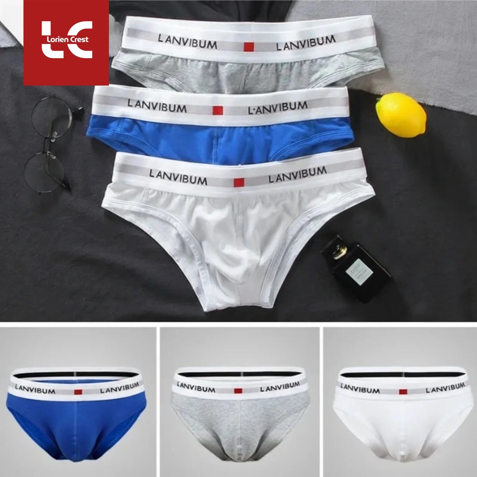 3pcs【LORIEN CREST】Men's Pure Cotton Low Waist Elastic Sexy Loose Breathable Youth Pant Headband Underwear Summer Cotton Briefs