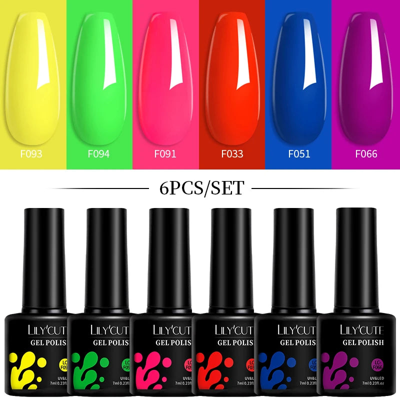 LILYCUTE 7ML 6PCS Neon Gel Nail Polish Set fluorescent Series Color Changing Semi Permanent Soak Off Manicure kit Nail Art Gel
