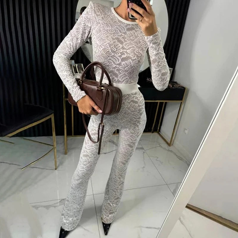 Women's Elegant Office Straight Pants Playsuit Sexy O Neck Lace Slim Club Jumpsuit Autumn Casual Long Sleeved High Waist Romper