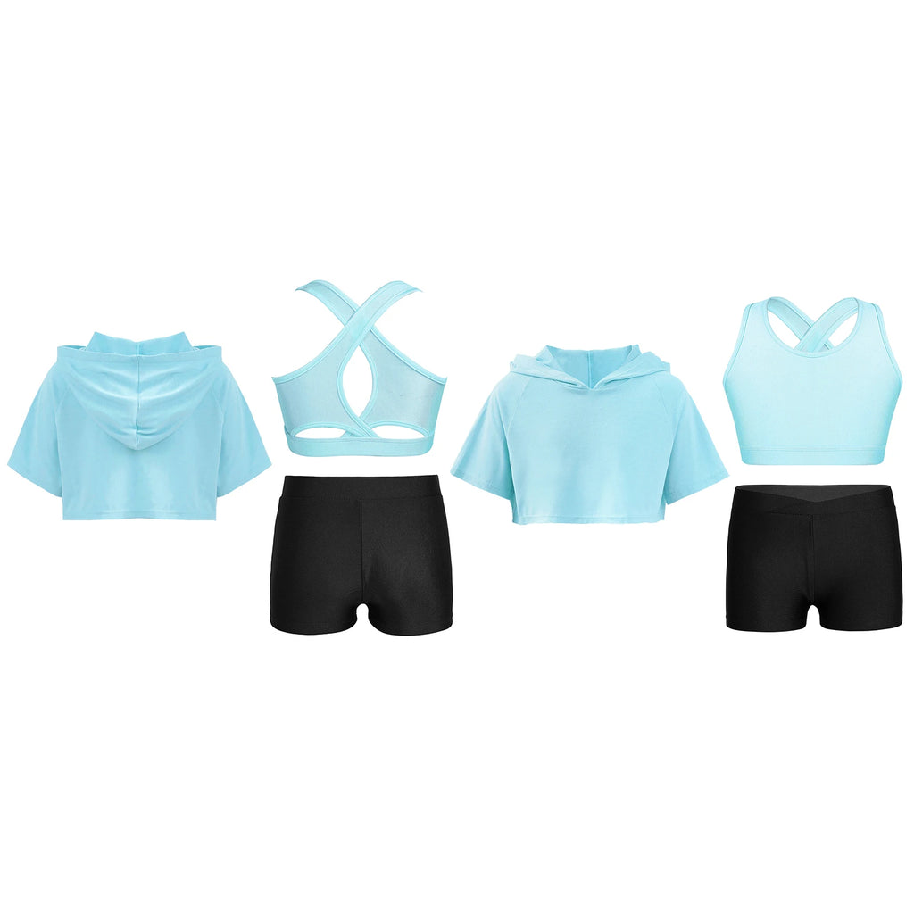 3Pcs Girls Sports Set Vest+Hooded Crop Top+Shorts Sportswear Set for Child Dance Yoga Running Cycling Workout Costume Activewear