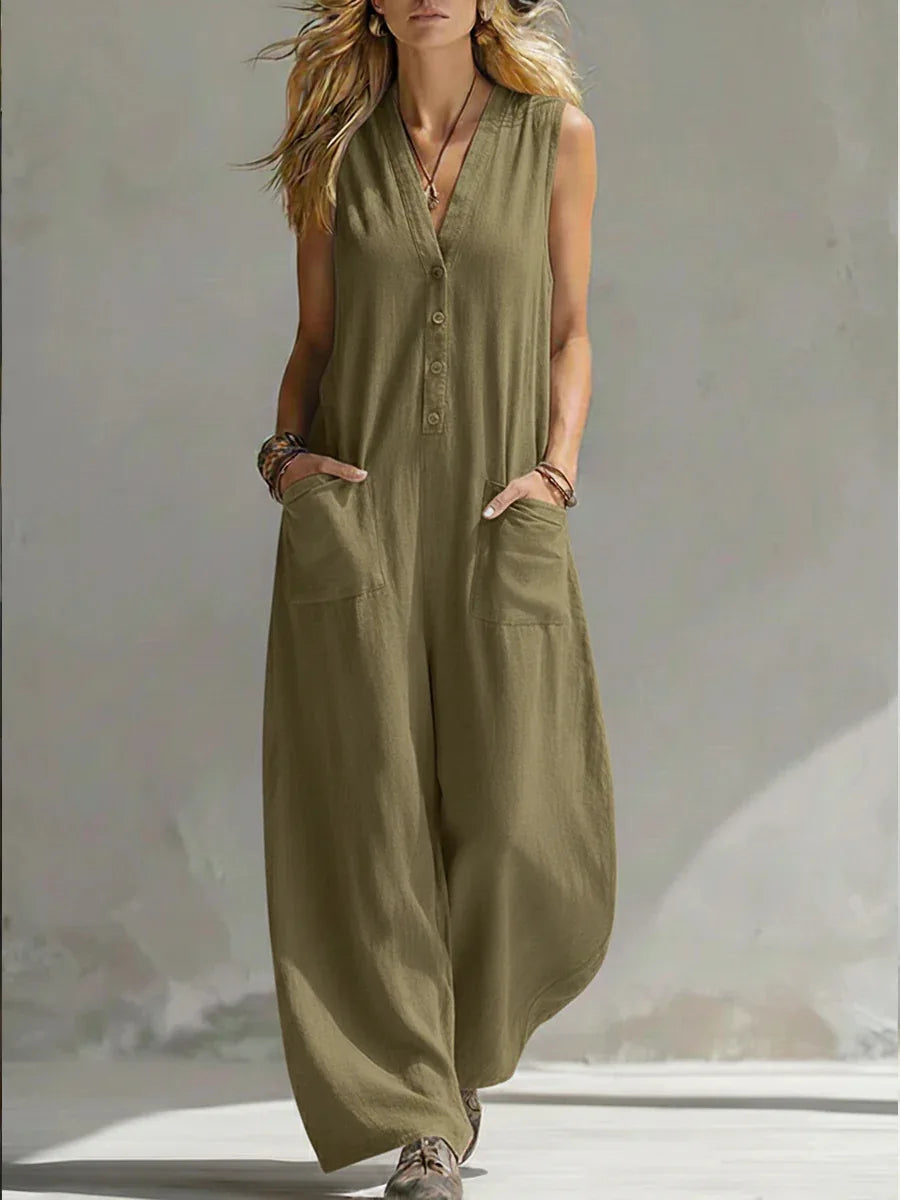 Jumpsuits women 2026 rompers Double-pocket casual linen cotton sleeveless long jumpsuits women's clothing
