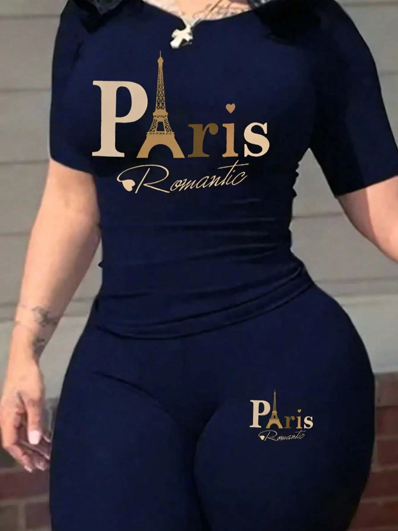 2026 women's new Paris printed two-piece set, casual short sleeved round neck T-shirt and tight pants long pants set