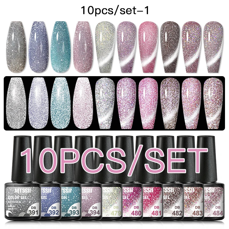 10/12PCS/SET Cat Magnetic Gel Nail Polish Set 9D Reflective Glitter Gel Semi Permanent UV Gel Soak Off Sparkling Nail Art Kits