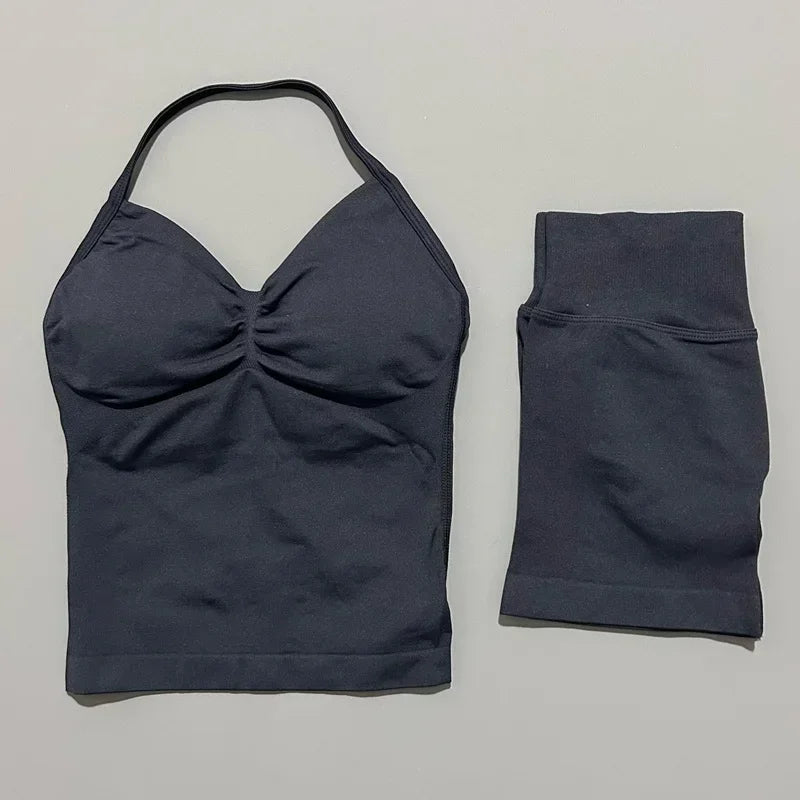 2 Pieces Sports Set Women Backless Halter Tops Fitness Tank Top High Waist Seamless High Stretch Shorts Gym Workout Sets
