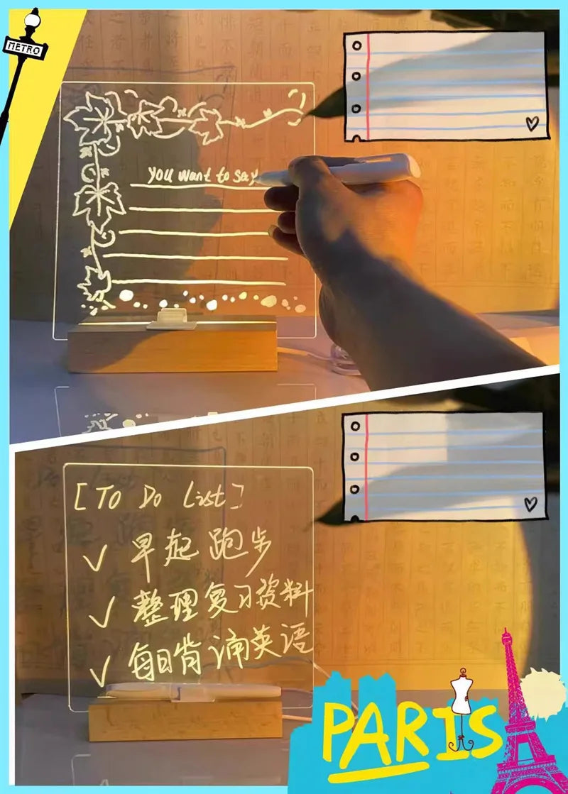 LED Light-Up Acrylic Message Board Erasable USB Drawing Board Birthday Gift Bar Advertising for Creative Activities with Stand