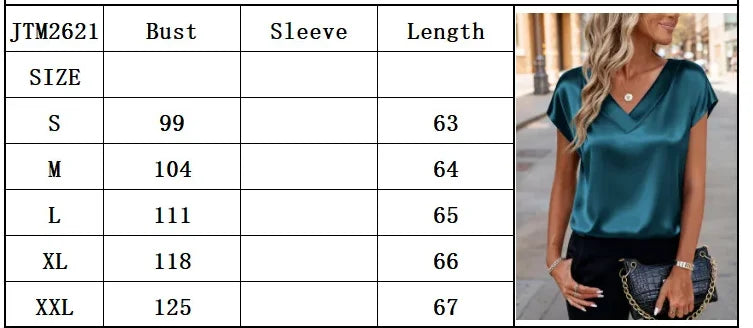 New  Summer Women Fashion Blouses Casual Solid Elegant Ladies V-Neck Short Sleeve Shirts Trendy Simple Loose Woman Satin Top Secondary image