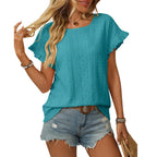 Solid Casual Loose Blouses For Women Fashion 2025 Summer Women's Hollow Short Sleeve Shirts And Blouses Elegant Female Blue Tops