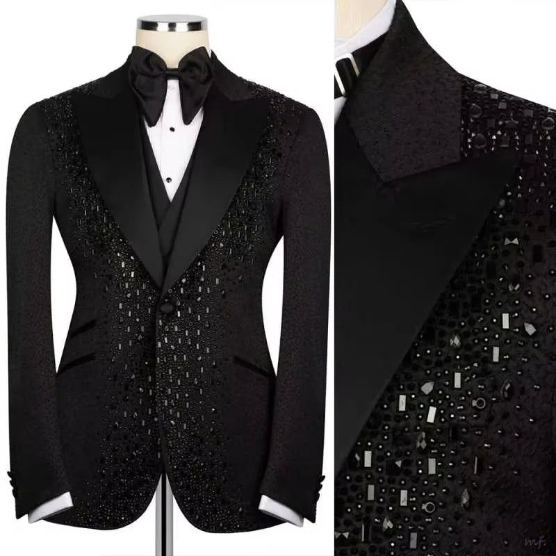 Luxury Costume Men Suit 2 Piece Sets Rhinestones Crystals Shawl Lapel Custom Wedding Slim Fit Tuxedos Blazer For Groom