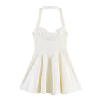 HH Summer Elegant Halter Neck Pleated Solid Elegant Short Dress For Woman Sexy Backless Sleeveless Party Mini Dress Mujer