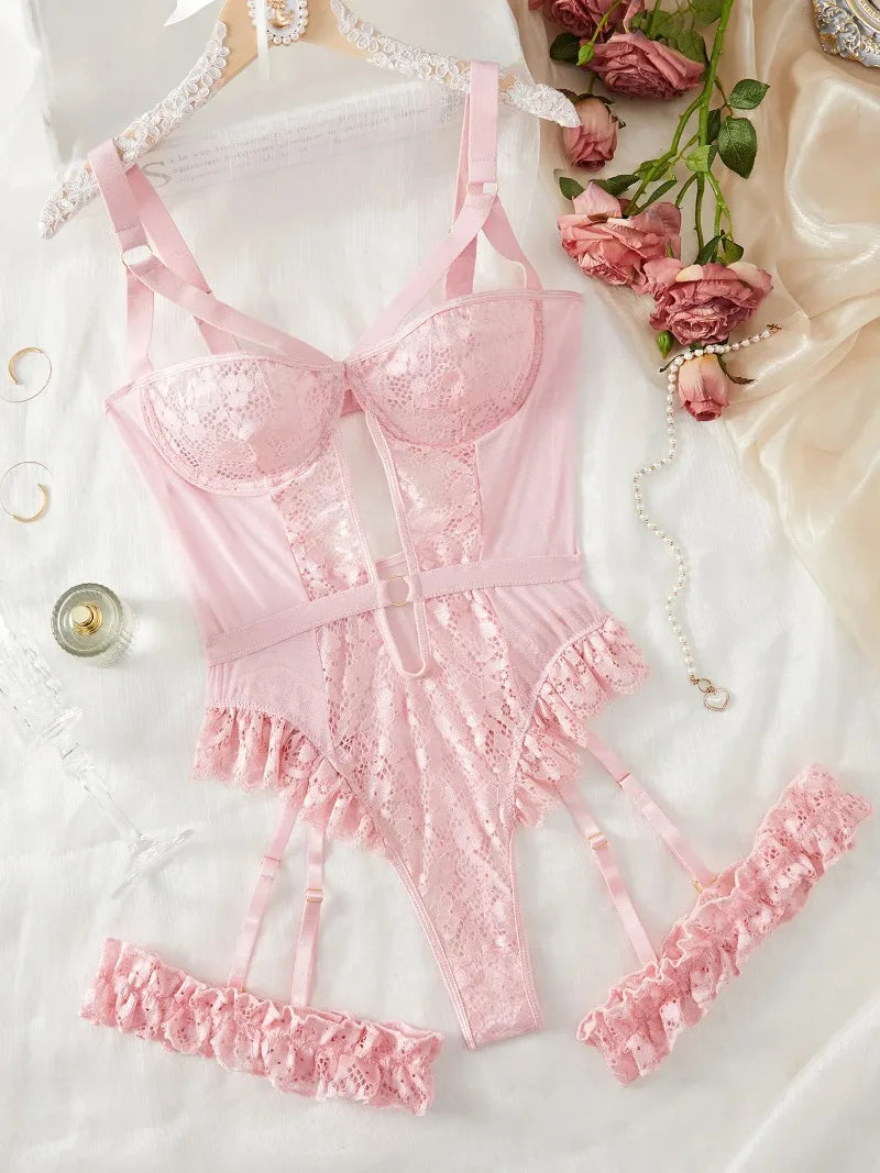 2pcs Red Floral Lace Garter Lingerie Set With Choker Women Intimates 2025 Underwire Bra And Thongs Ladies Underwear Set