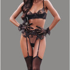 Women's Floral Embroidery Lingerie Sets Romantic Honey Bra Belt Panty 3PC with Gloves Stockings Seductive Sweet Star Underwear