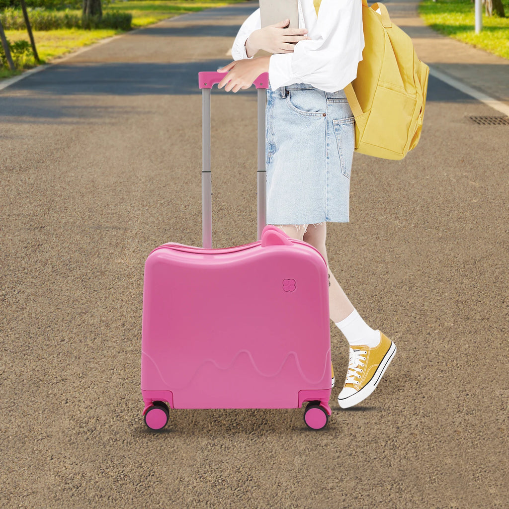 18 Inch Ride-On Suitcase, Cute Luggage with Internal Mesh Pocket, Storage Box with Swivel Casters for Short Trips, Pink