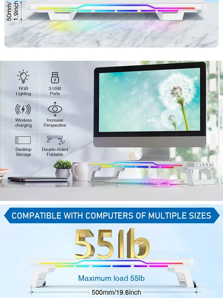 RGB Light Effect Rechargeable Desktop Monitor Height Stand 3 USB 2.0 Port Universal Laptop Storage Rack With Wireless Charging