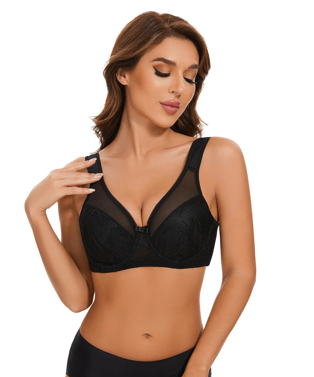 Sheroine Plus Size Women's Lace Floral Minimizer Bra, Underwire Full Coverage Unpadded Bras for Women Lifting Support Comfort