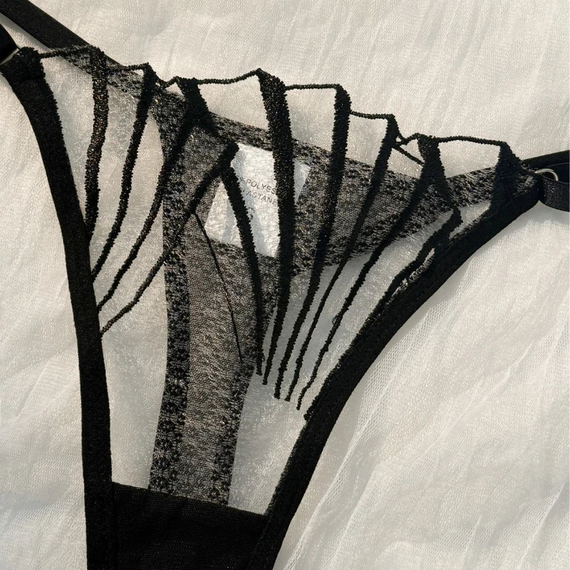 Black Lace Lingerie Set – Sheer Eyelash Mesh Push-Up Bra and Panty with Triangle Cup Design Main image