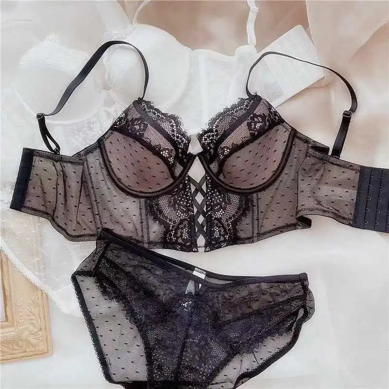 French Lace Push Up Lingerie Set Mulher Thin Underwire Bra Sheer Ruched Chemise Soft Petite Small Bust S-XL Hot Sale Main image
