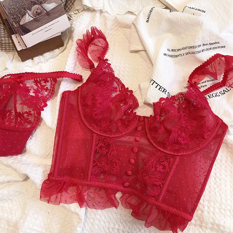 Hot Sale French Sexy Lingerie Set for Women Ultra Thin See Through Bra Panty Set Embroidery Lace Shaping Camisole Underwear Set