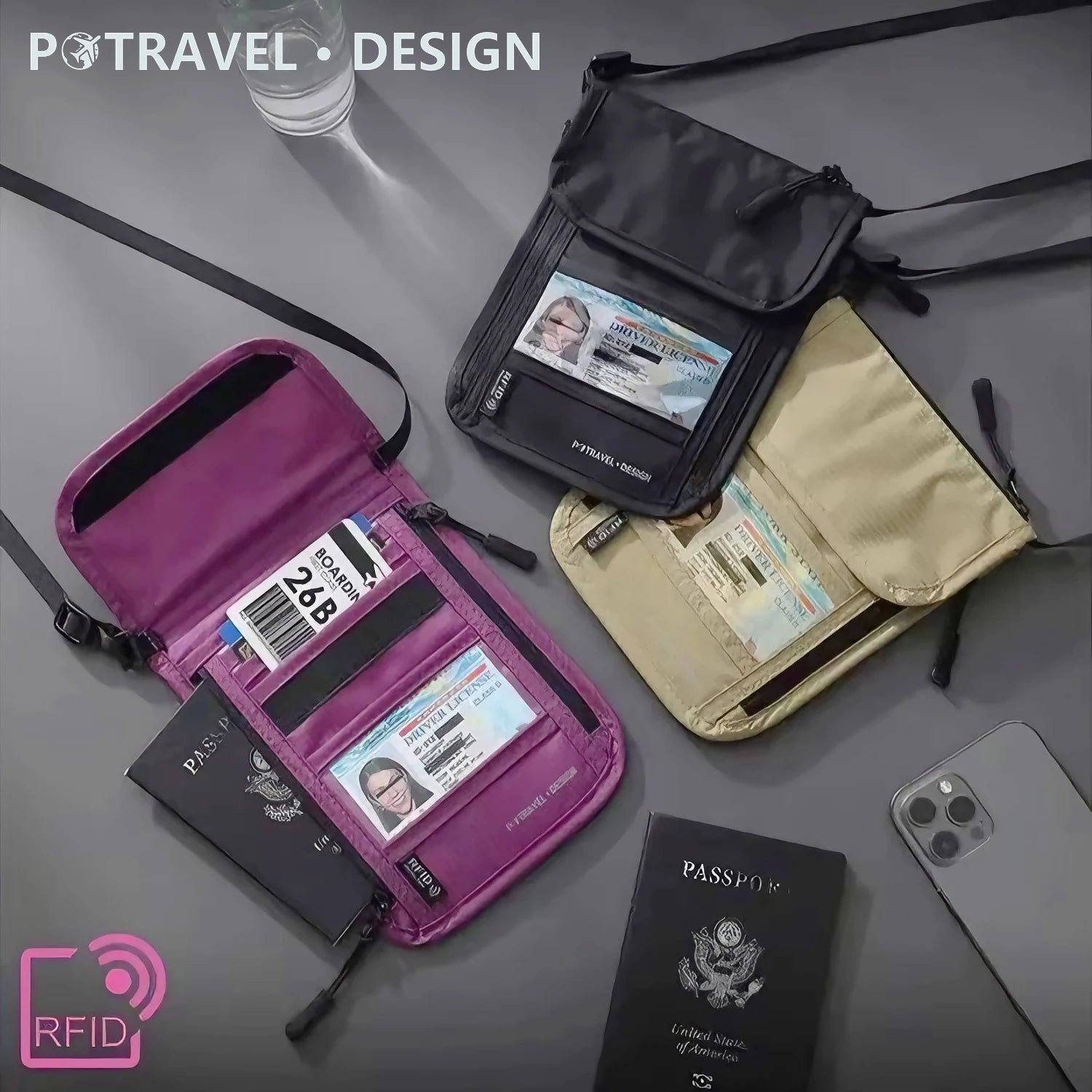 Ultra-light RFID Passport Shoulder Bag with AirTag Compartment Waterproof Travel Organizer Pouch for Phone Cash Driver License Image principale du produit