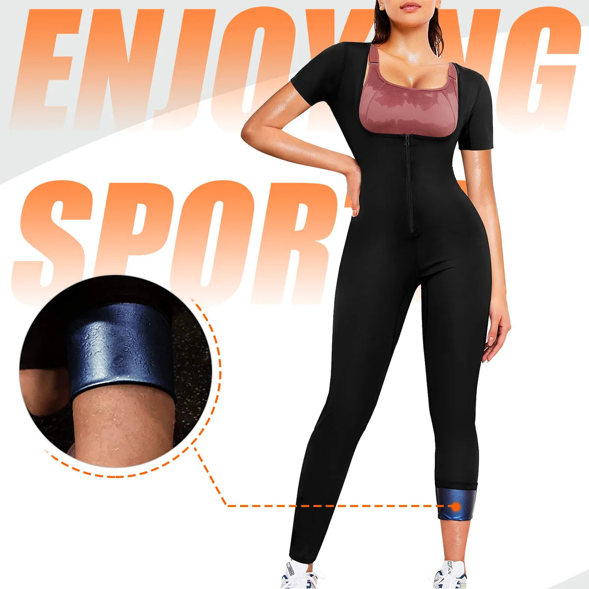 Full-body sauna suit women's short-sleeved jumpsuit waist trainer with zipper abdominal fat exercise suit Image principale du produit