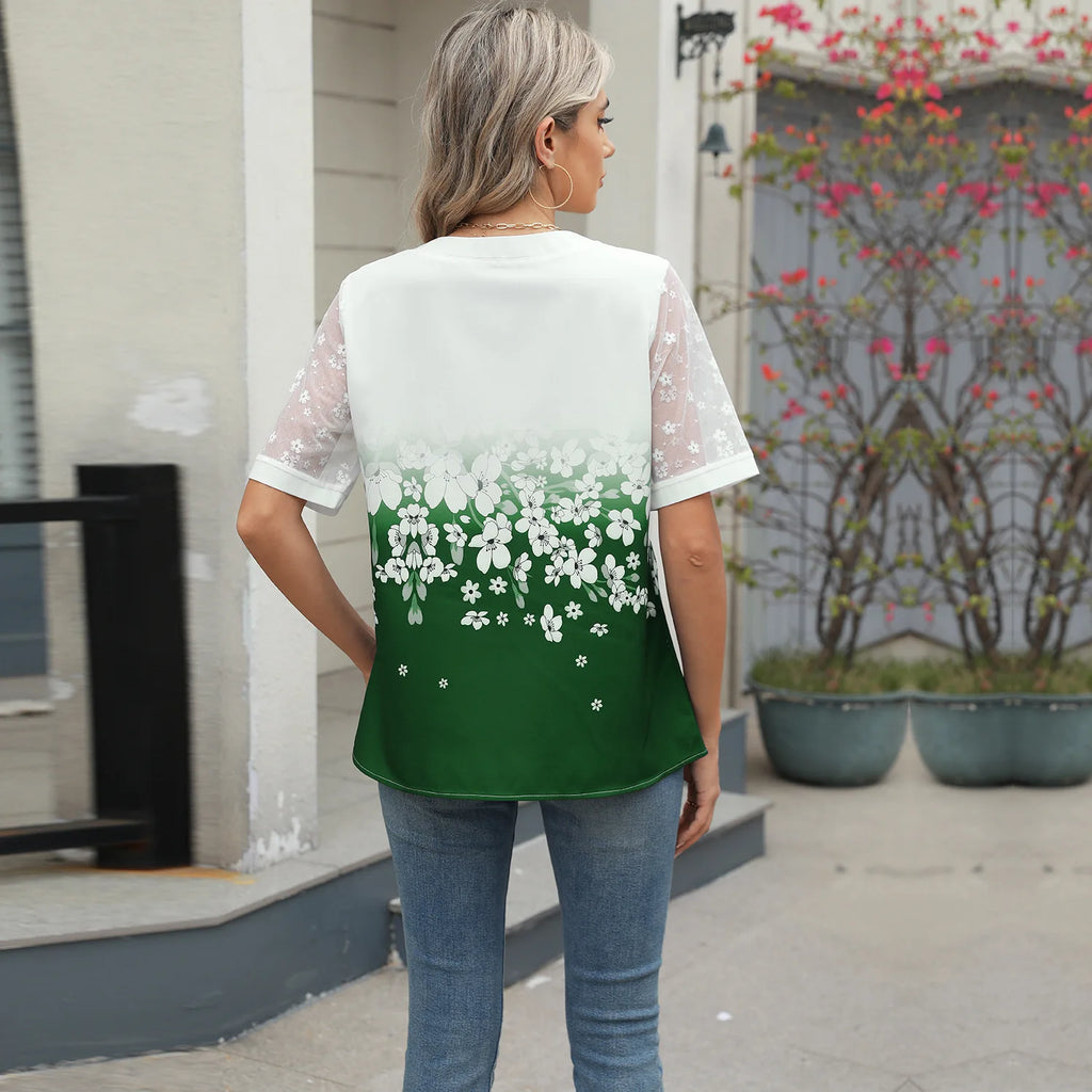 Summer Shirts Women Lace Patchwork Short Sleeve Blouse Flower Print Clothing Fashion Street Casual Daily V-Neck Button Tops 2025