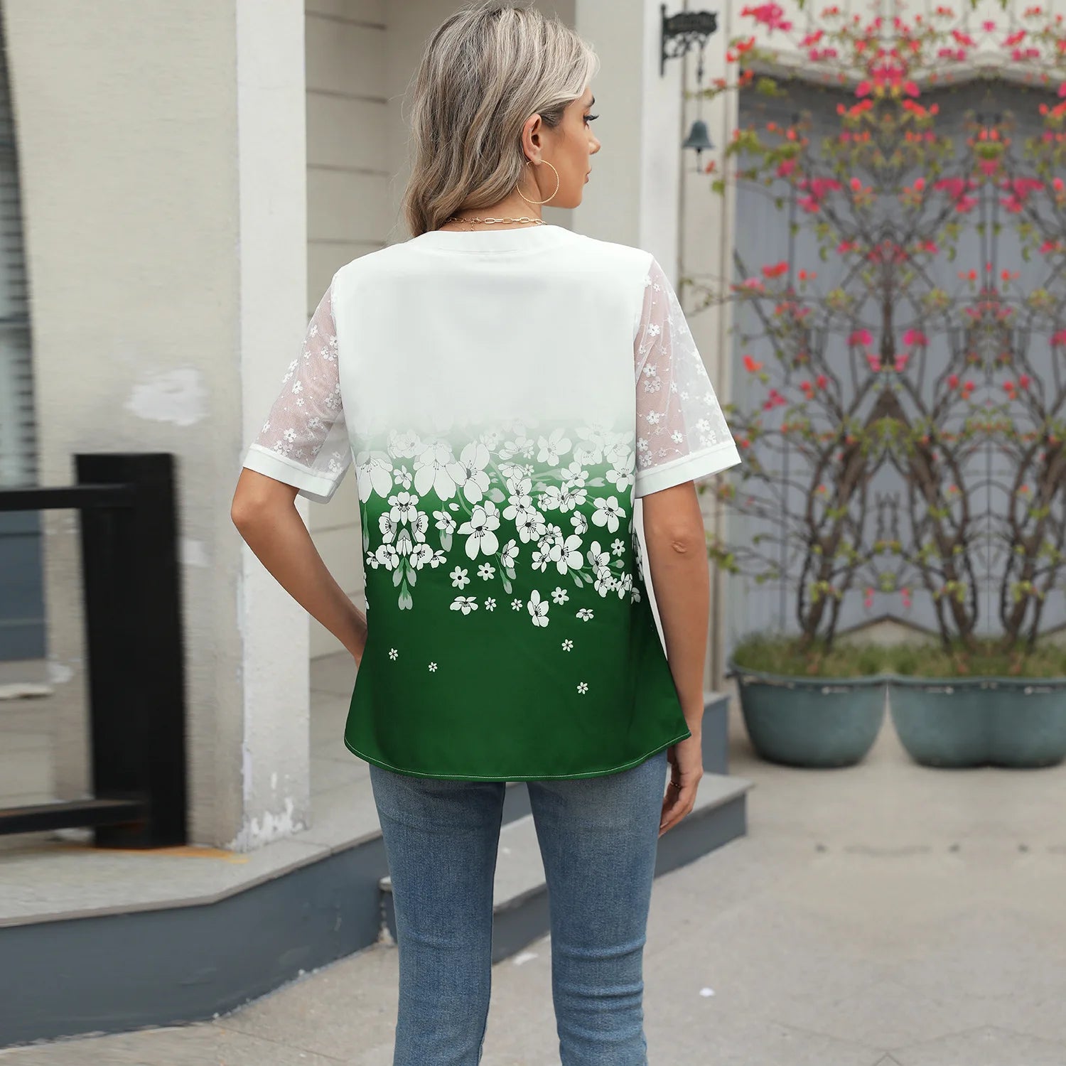 Summer Shirts Women Lace Patchwork Short Sleeve Blouse Flower Print Clothing Fashion Street Casual Daily V-Neck Button Tops 2025