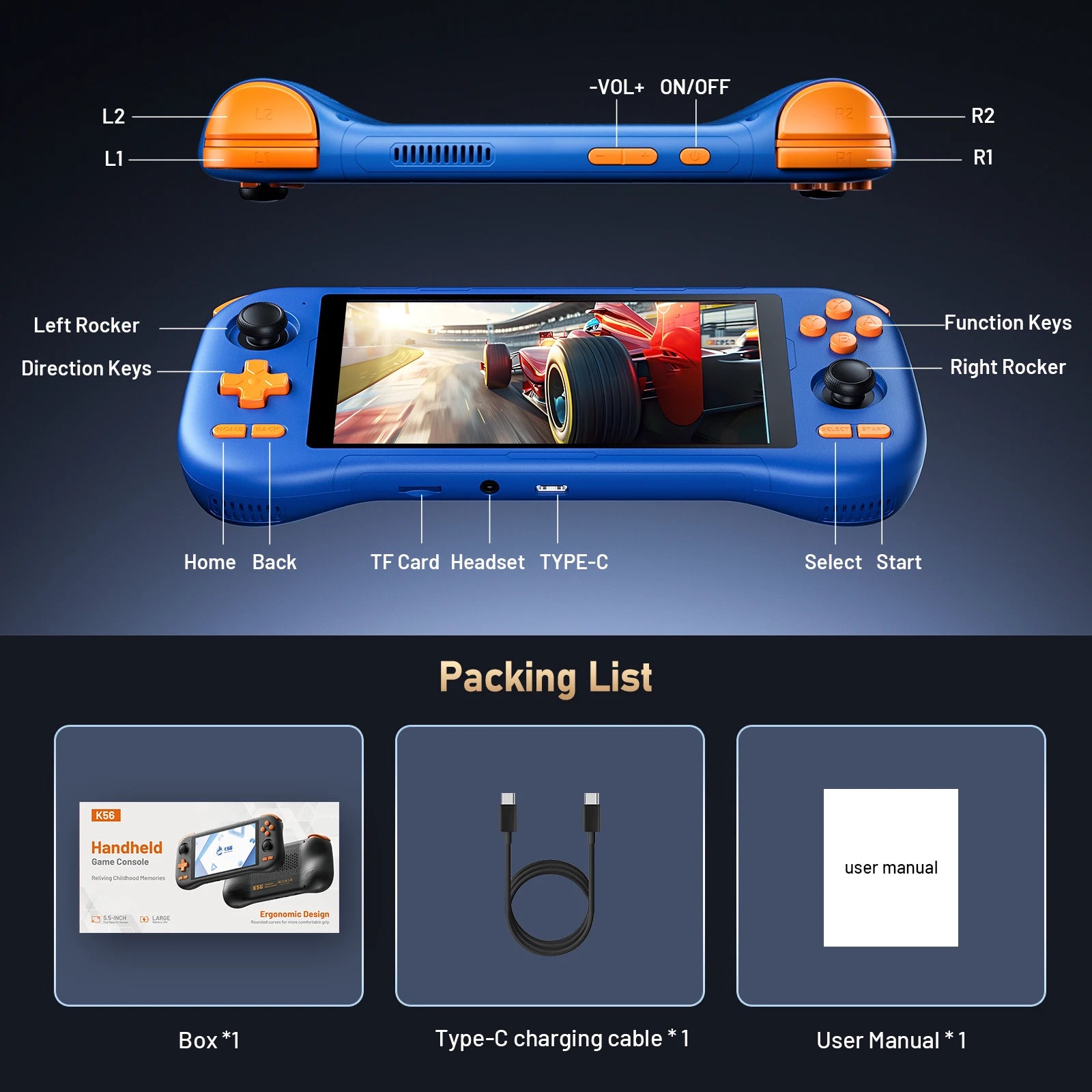 K56 Android 14 portable gaming console with 5.5-inch touchscreen and over 50 retro video game emulators for DC/MAME/SS