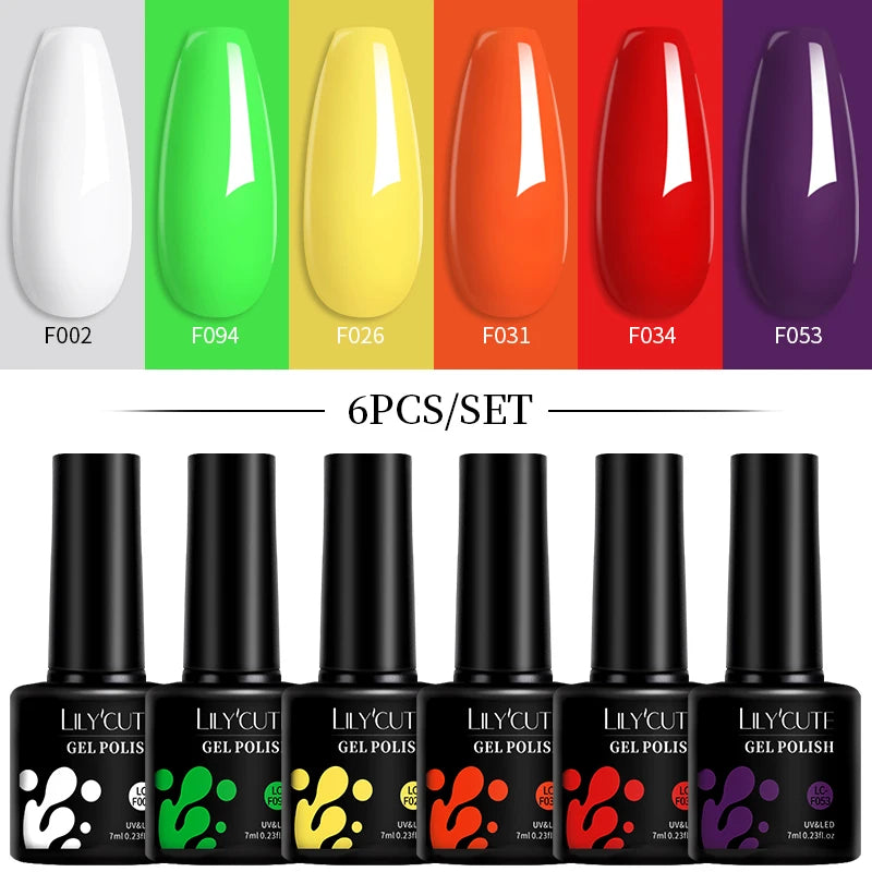 LILYCUTE 7ML 6PCS Neon Gel Nail Polish Set fluorescent Series Color Changing Semi Permanent Soak Off Manicure kit Nail Art Gel