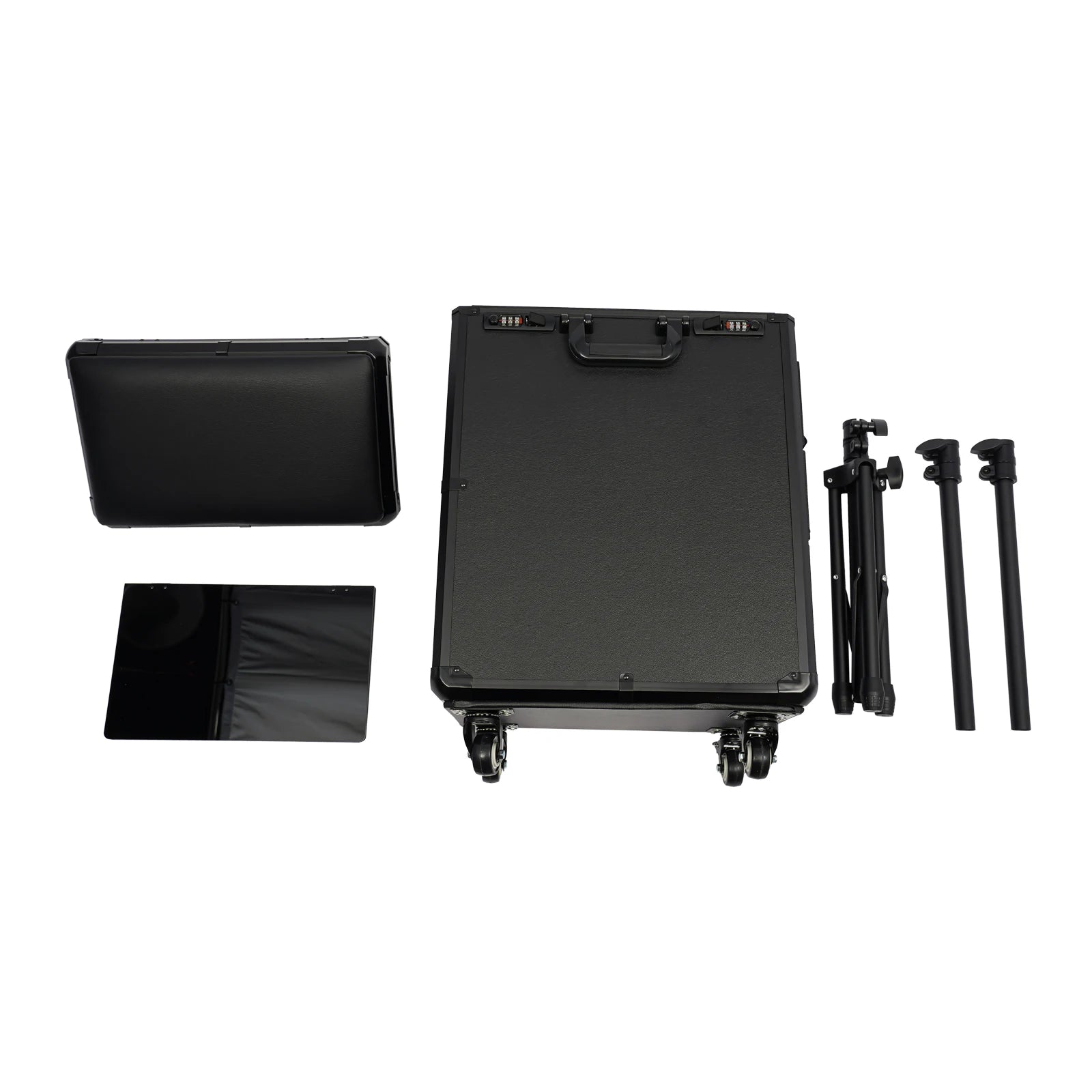 Rolling Makeup Train Case w/Tattoo Armrest Stand,Beauty Trolley Case with 3 Drawers, 4 Universal Wheels, and Combination Lock