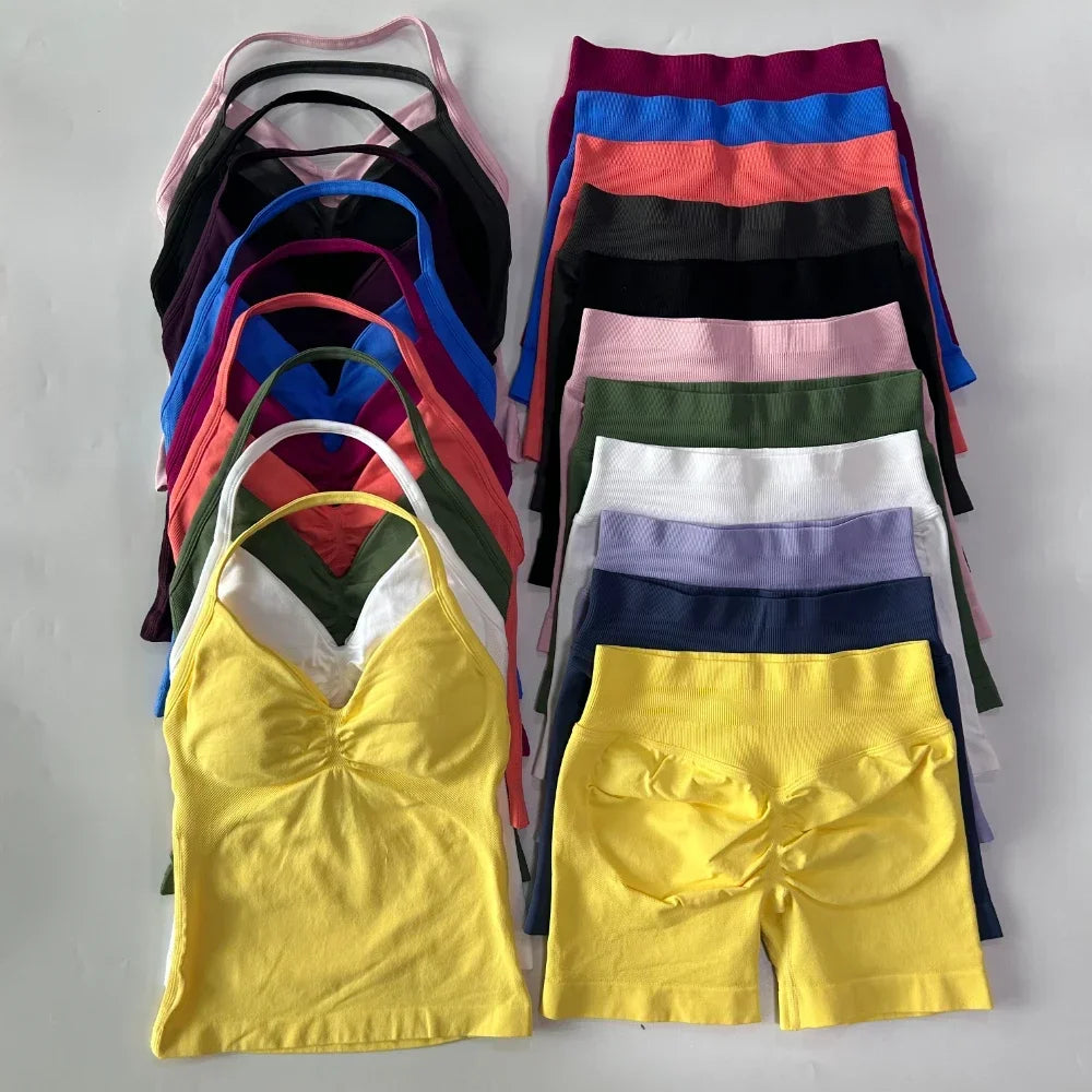 No Logo 2 Pieces Sports Set Women Backless Tank Tops High Waist Scrunch Seamless Shorts Gym Set Sportswear Workout Set Yoga