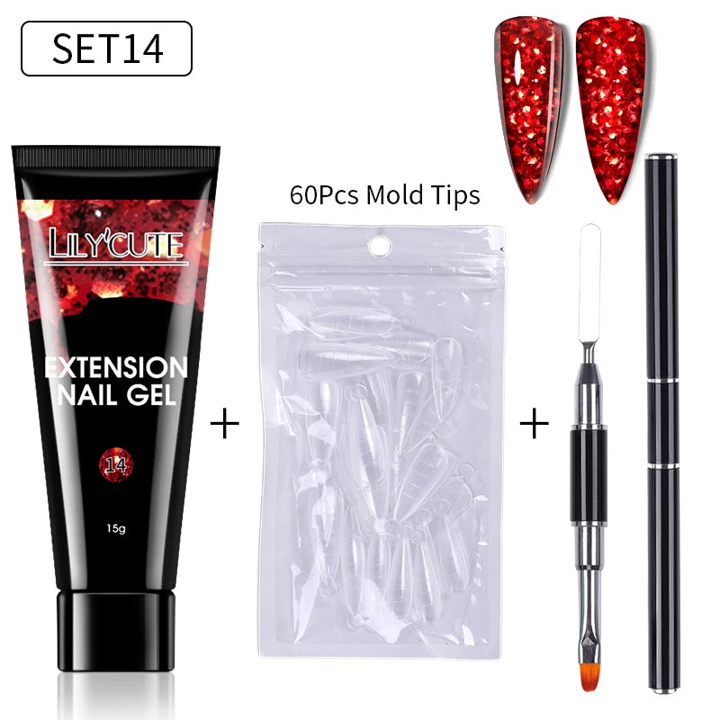 LILYCUTE 15ml Extension Gel Nail Polish Set Quick Nail Prolong With Extend Mold Nail Tips Acrylic Solution Manicure Tools Kit
