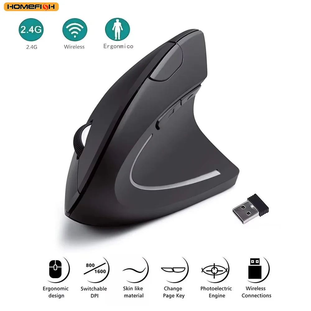 HOMEFISH Vertical Mouse Ergonomic 2.4GHz Wireless Optical Mice 3 Adjustable DPI 800/1200/1600 6 Buttons for Laptop PC Computer Image principale du produit