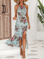 Women's Floral Print High Slit Thigh Halter Dress - Summer Sleeveless Sexy Bodycon Beach Party Clubwear