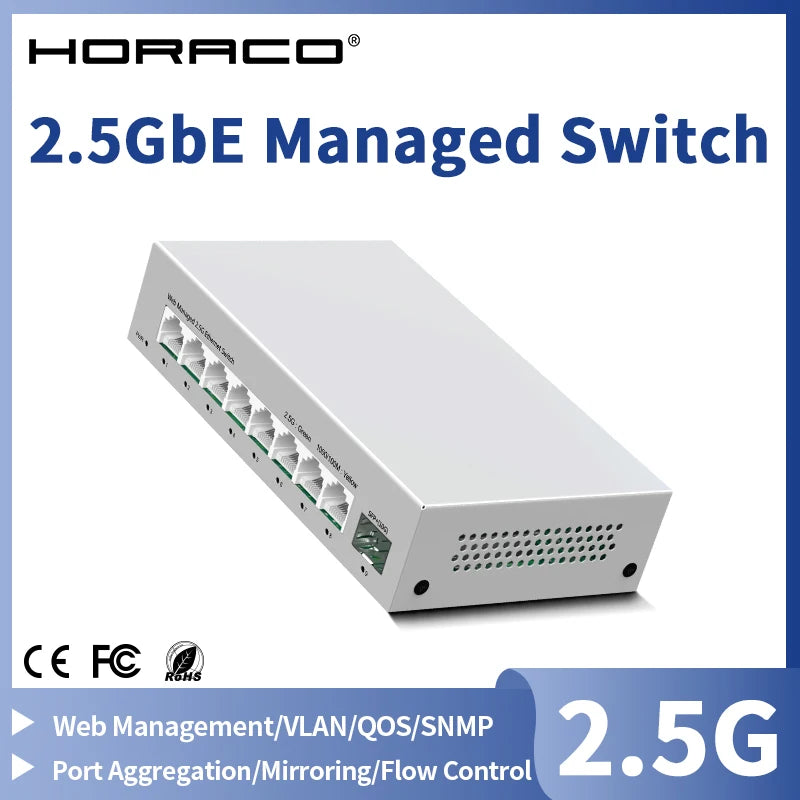 HORACO 2.5GbE Managed Switch 8 Port 2.5GBASE-T Network Switcher 10G SFP+ Slot Uplink Web Managed Hub Internet Splitter Fanless Main image