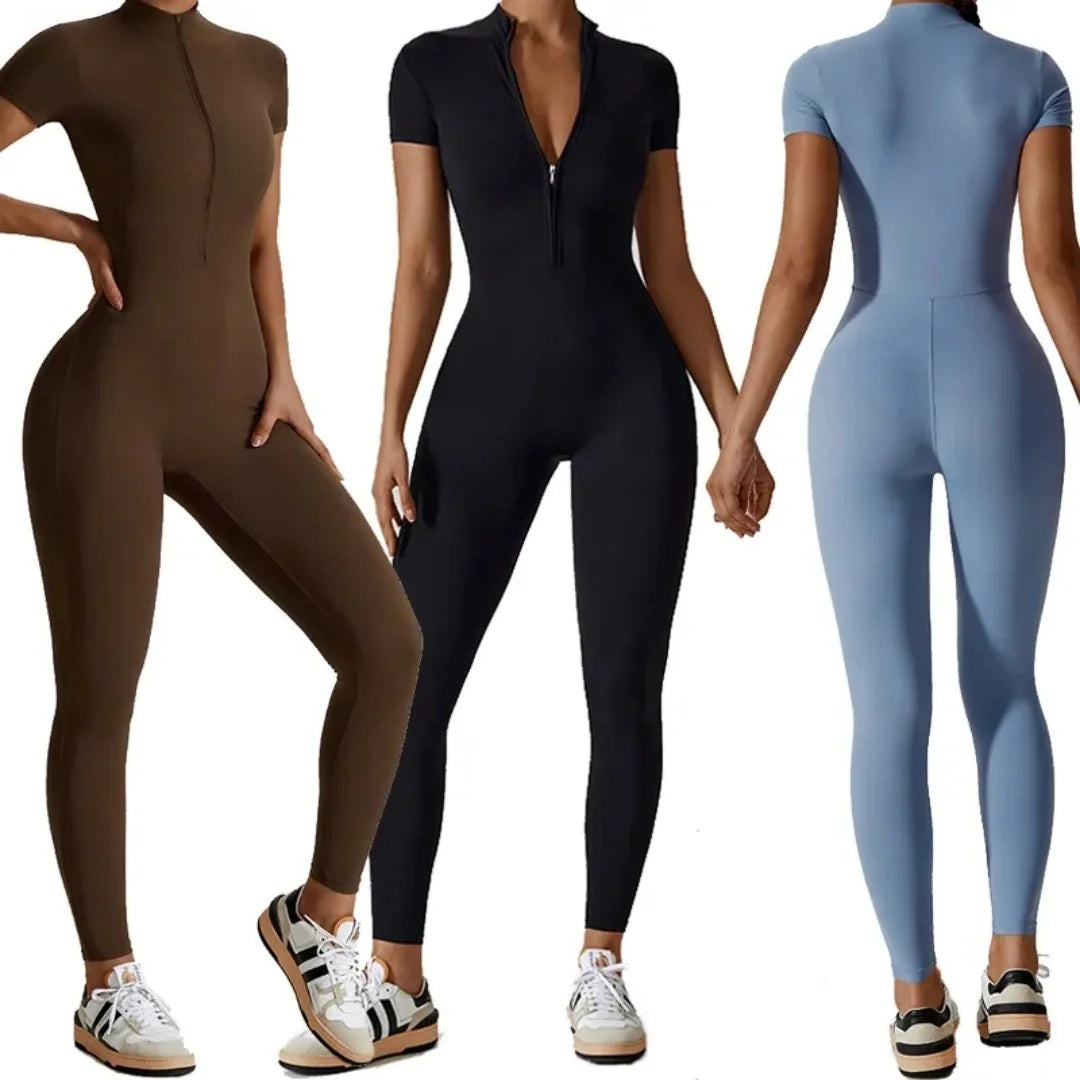 Naked zipper short sleeved yoga suit jumpsuit, quick drying breathable outdoor sports tight fitting jumpsuit, fitness suit Main image