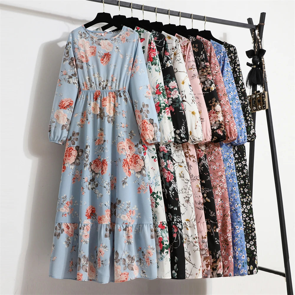 Spring Summer Women Maxi Dresses Casual Full Sleeve Floral Printed O-neck Woman Bohe Beach Party Long Dress Mujer Vestidos Secondary image