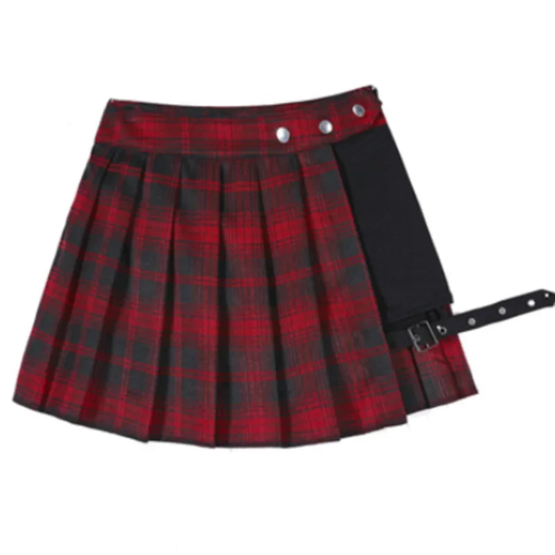 Summer Harajuku Punk Style Plaid Irregular Skirts Women Asymmetrical High Waist Black Skirts Pleated Girls Gothic Half Skirts