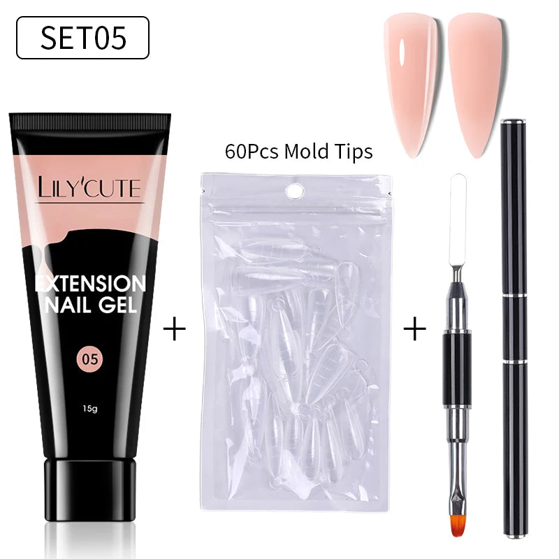 LILYCUTE 15ml Extension Gel Nail Polish Set Quick Nail Prolong With Extend Mold Nail Tips Acrylic Solution Manicure Tools Kit