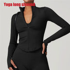 Women's Zipper Crop Sports Jacket Long Sleeve Yoga T-Shirt Solid Quick Dry Fitness Top Gym Running Workout Sportswear